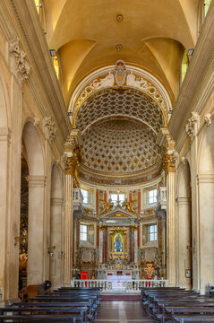 Interior view of the main nave and decorated presbytery at Church of Santa Maria della Consolazione in Rome Italy, vertical view