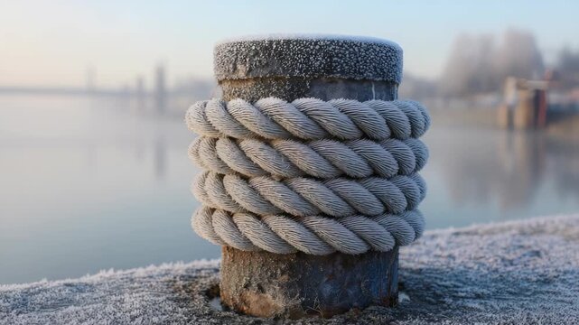 Frost covered mooring bollard with thick rope on a cold winter morning by the river. The tranquil waterfront scene features soft sunlight and misty atmospheric conditions