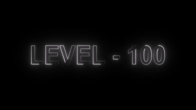 Glowing level-100 text with glitch effects animation. game concept next level icon isolated .on Black background. 4k VIdeo animation .