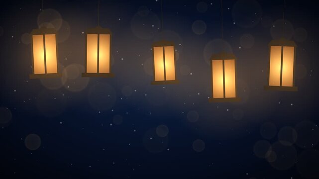 Three frames of a video clip showing glowing lanterns hanging against a dark blue starry night sky with bokeh effects