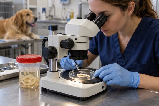 Veterinary technician examining tapeworm specimen under microscope