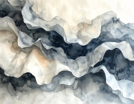 模様　背景　Abstract Black and Gray Watercolor Waves with Soft Cream Tones and Flowing Organic Shapes