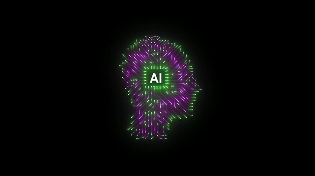 A human head made from a circuit board, "AI", stands against the backdrop of an evening cityscape.on black Background 4k video Animation .