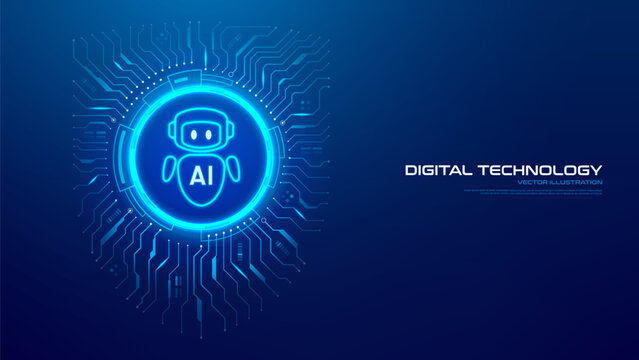 Digital protection concept using AI agent. Vector illustration with AI bot icon in digital shield made by circuit board traces. Artificial Intelligence innovation and safety, modern computing.