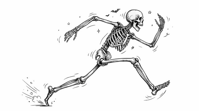 The skeleton running isolated hand drawn sketch movement and grace dynamic dancing pose halloween card design element line art detailed vector illustration