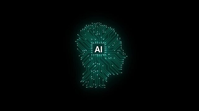 A human head made from a circuit board, "AI", stands against the backdrop of an evening cityscape.on black Background 4k video Animation .