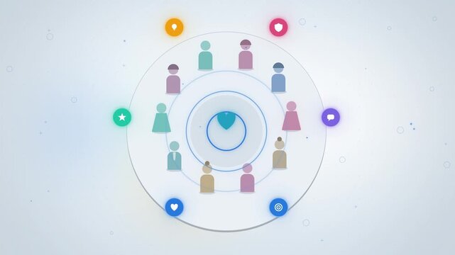 People circle around heart with value icons seamless loop on white