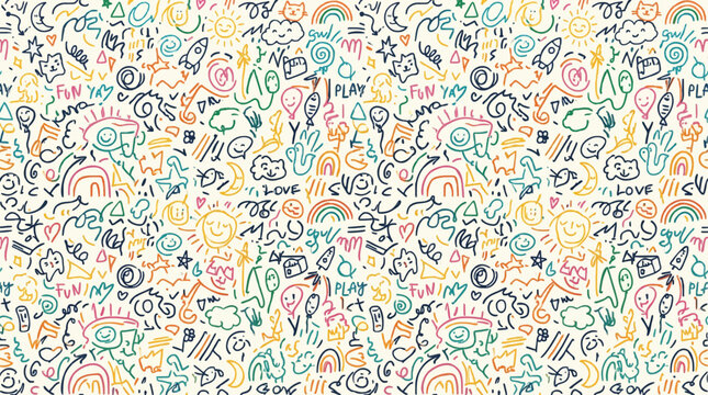 The Fun line doodle seamless pattern. Creative abstract squiggle style drawing background for children or trendy design with basic shapes. Simple childish scribble wallpaper print
