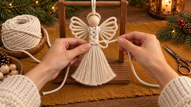 Manos anudando &aacute;ngel navide&ntilde;o con cord&oacute;n de algod&oacute;n