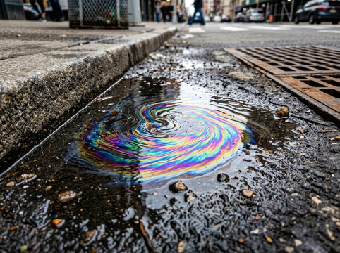 Colorful swirl of oil in street gutter reflects urban life and nature beauty