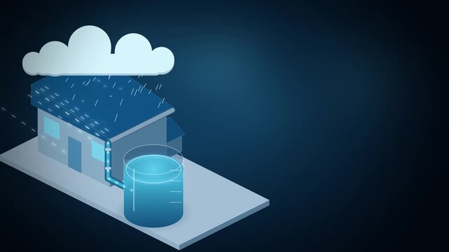 Isometric rain falling on house roof into water tank seamless loop