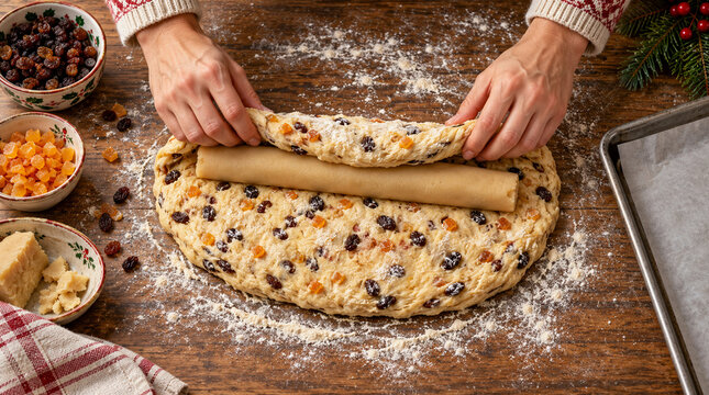 Manos plegando stollen relleno durante preparaci&oacute;n gastron&oacute;mica navide&ntilde;a