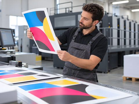 Print shop worker checking color quality on printed sheets