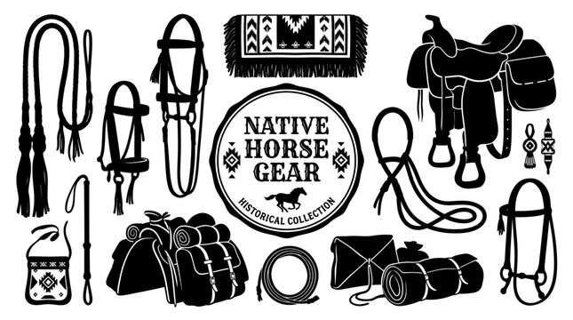 Very beautiful black and white realistic vector collection featuring historical horse tack, bridles, reins, saddle blanket, rawhide gear, centered label "NATIVE HORSE GEAR", beadwork ornaments and tra
