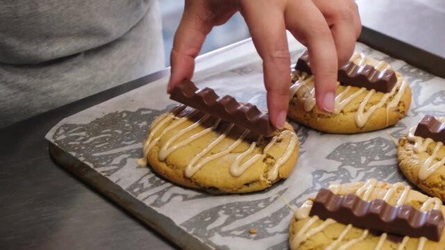 Chef placing milk chocolate wafer bars onto large cookies drizzled with cream icing on a parchment-lined baking sheet. Ideal for gourmet cookie decoration, bakery process