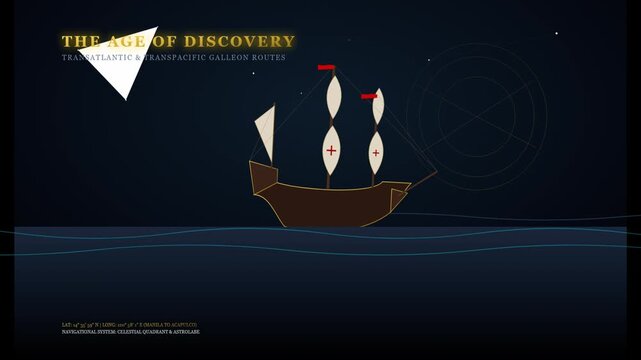 Minimalist Vector Animation of a Historical Galleon Ship Sailing on Open Ocean at Night