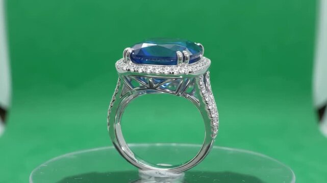 Cushion cut blue sapphire ring spin 4k 60fps green screen.