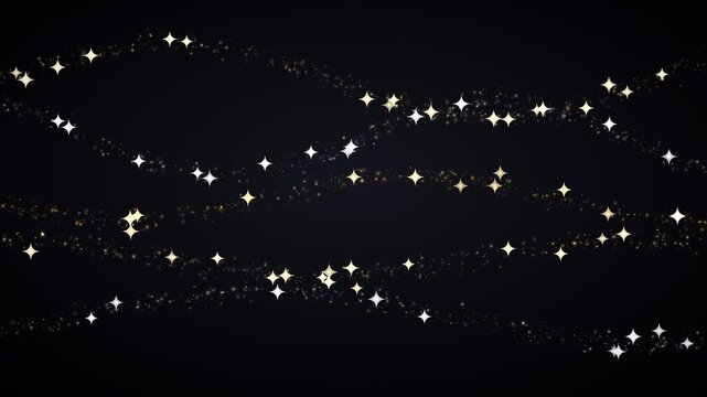 Sparkling star shaped lights forming wavy lines on a dark background, representing a festive celebration or magical event