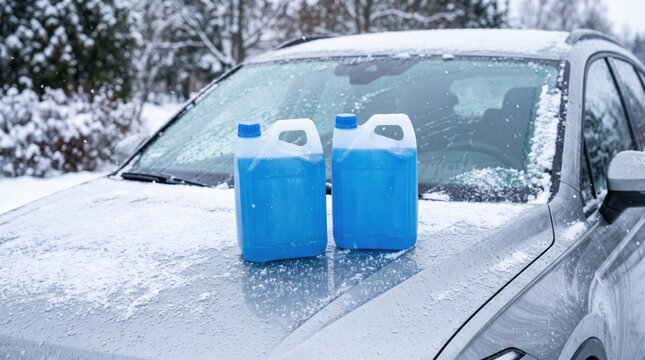 Two blue washer fluid containers on the hood of a snow-covered car in winter, representing seasonal car maintenance, windshield cleaning and cold weather vehicle preparation