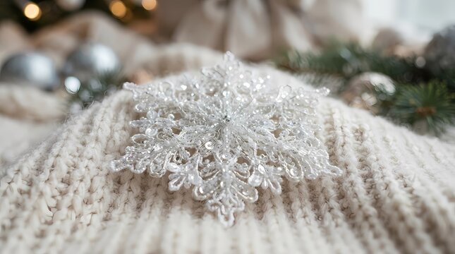 Close-up of a shimmering white snowflake decoration placed on a soft, knitted textile, creating a warm winter holiday ambiance with blurred festive ornaments and lights