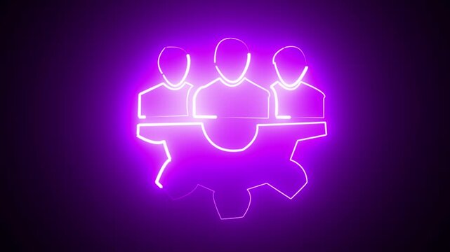 glowing neon Healthcare management team collaboration icon animation on black background. Teamwork healthcare icon with plus sign on gear. 