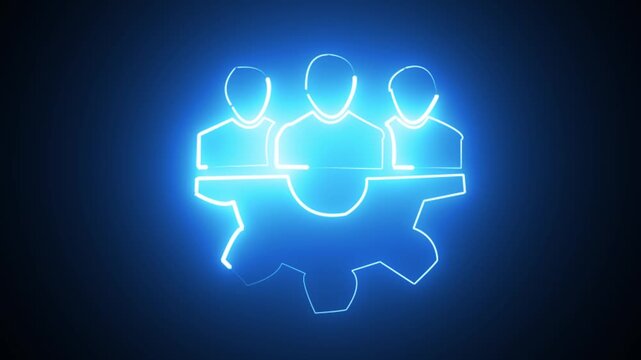 glowing neon Healthcare management team collaboration icon animation on black background. Teamwork healthcare icon with plus sign on gear. 
