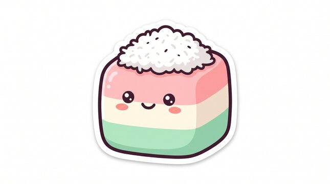 Cute kawaii getuk lindri Indonesian layered cassava cake character in pink, cream and green with grated coconut topping, cartoon sticker style vector illustration isolated on white background