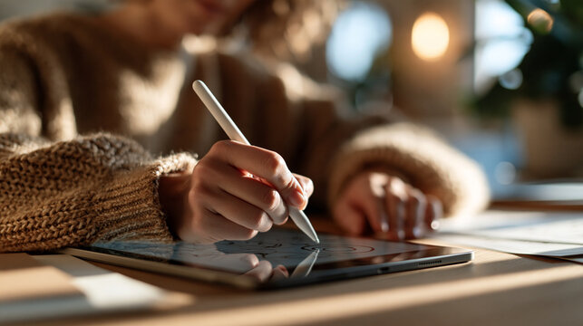 Hand holding a pen over a digital tablet for drawing creativity and art on a mobile app with connection to a website woman freelance artist cropped at the shoulders in a bright