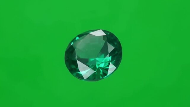 Solitary emerald-cut green gemstone spinning 4k green screen.