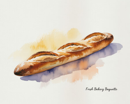 Watercolor painting of a single crusty french baguette bread