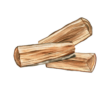 Hand-drawn watercolor illustration of the pile of firewoods. Cozy rustic artwork for stickers, scrapbooking, books, articles, and more