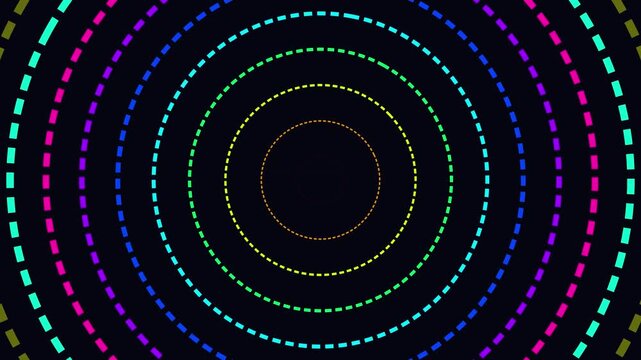 Vibrant multicolored dashed concentric circles expanding outwards in a mesmerizing digital motion graphics background video animation loop