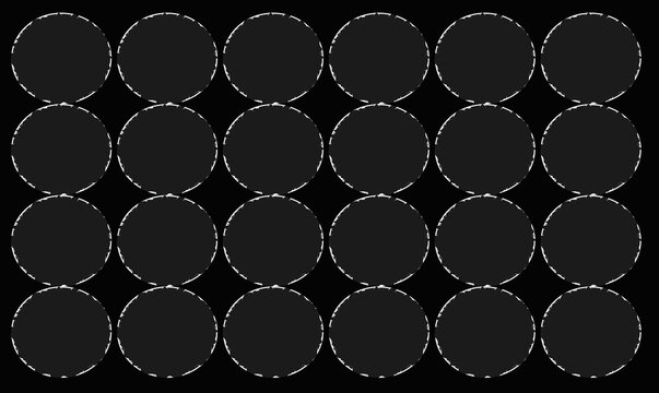 Dark gray grid of thirty circles in four rows and six columns on black background, white dashed outlines with hand drawn feel, seamless geometric pattern texture.