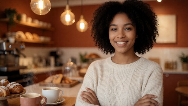 Happy young African American woman smiling with arms crossed while standing in a cozy cafe with steaming coffee and fresh croissants on a wooden table in a warm indoor setting