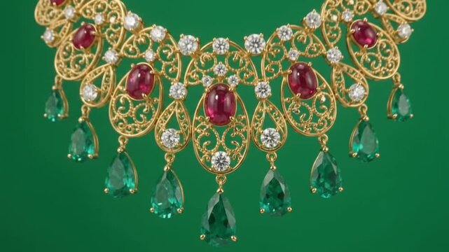 Royal 18k gold necklace diamonds emeralds and rubies rotating 4k green screen.