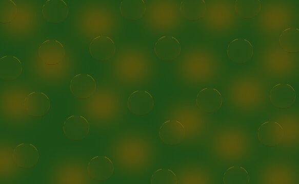 Green textured gradient background with irregular golden circles and partial rings scattered across it, abstract seamless festive pattern with copy space for text and design.