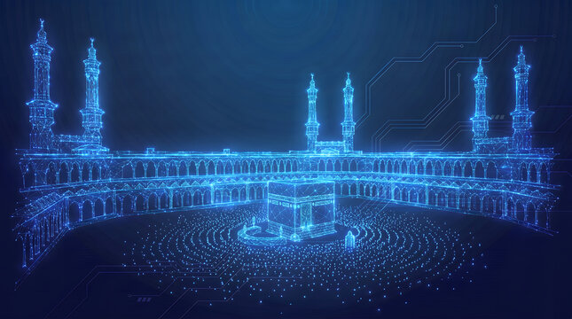 Futuristic vector illustration of Masjid al Haram and Kaaba in Mecca composed of glowing blue low poly wireframe, circuit lines, and luminous network dots on dark background. Perfect for AI themes