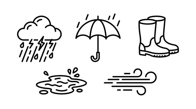 Rainy Weather Line Icons Set with Storm Cloud, Umbrella, Rubber Boots, Puddle and Wind Symbols