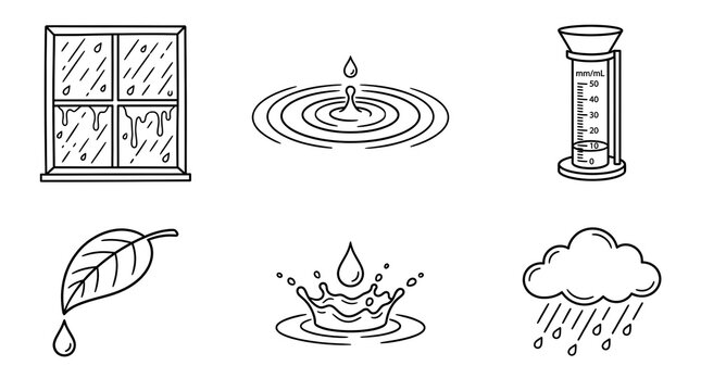 Rainy Weather Doodle Icons Set with Rainy Window, Water Ripple, Rain Gauge, Leaf with Drop, Splash and Rain Cloud