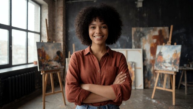 Portrait of a Confident Young African American Female Artist Smiling and Standing with Arms Crossed in her Creative Art Studio with Paintings on Easels and Natural Window Light