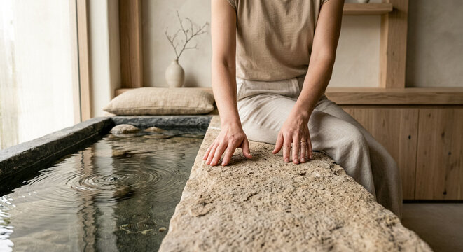 Woman sitting on rustic stone edge of indoor water basin in minimalist spa