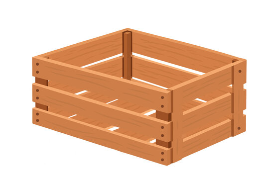 Empty wooden crate vector illustration. Isolated rustic wood box for fruits and vegetables packaging.
