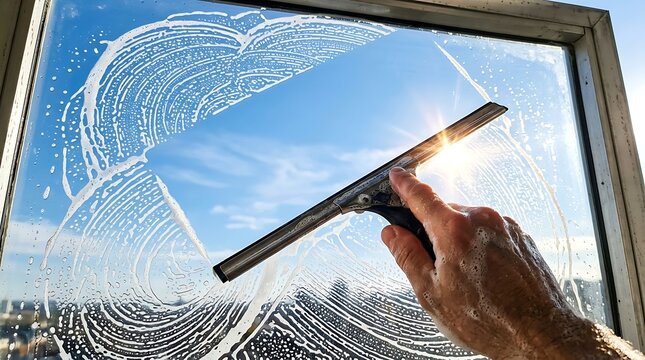 Professional Window Cleaning Service Hand with Squeegee on Soapy Glass Surface Against Bright Sunny Blue Sky Background