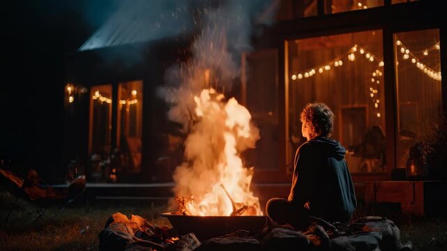 Person sits by glowing campfire at night, gazing thoughtfully into flames as warm light spills from cozy cabin decorated with string lights. Tranquil outdoor scene evokes relaxation, connection