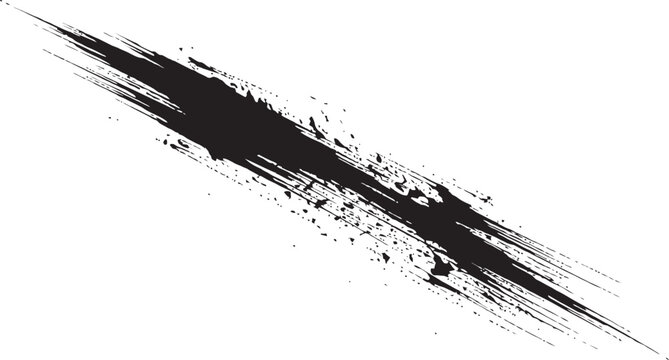 Sharp diagonal black ink slash stroke with dynamic brush splatter, fine linear texture, and fast speed effect isolated on white background.eps