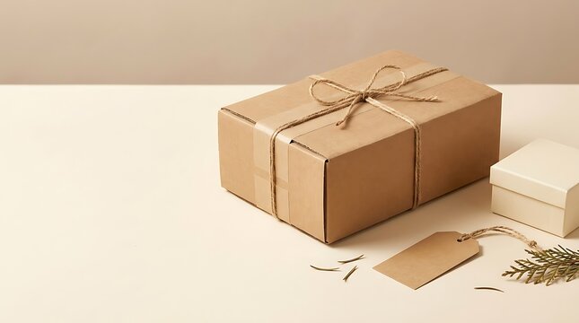 Brown cardboard gift box tied with twine and gift tag for parcel shipping.
