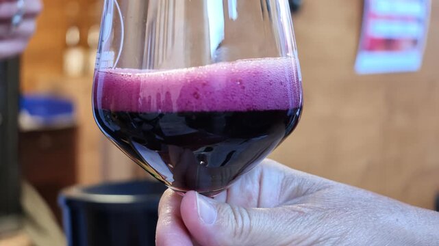 SLOW MOTION: Blonde woman enjoying a sip of sparkling Lambrusco red wine from a glass during a wine festival in Castelvetro, Modena in Italy, focusing on the sensory experience of tasting.