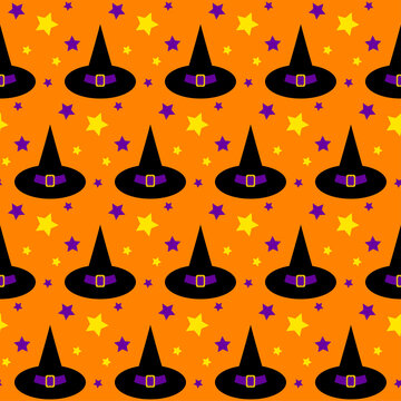 Festive Halloween seamless pattern featuring black witch hats and colorful stars on an orange background
