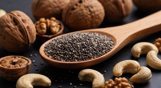 Close-up of chia seeds in a wooden spoon, surrounded by walnuts and cashews on a dark surface (1)