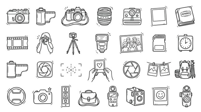 Photography equipment and camera accessories are arranged as a comprehensive set of line art icons that illustrate the technical tools used by professional and amateur photographers today.